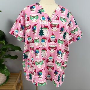Buttersoft Christmas Scrub Top 2X Pink Monster Yeti Snowman Holiday Scrubs Nurse